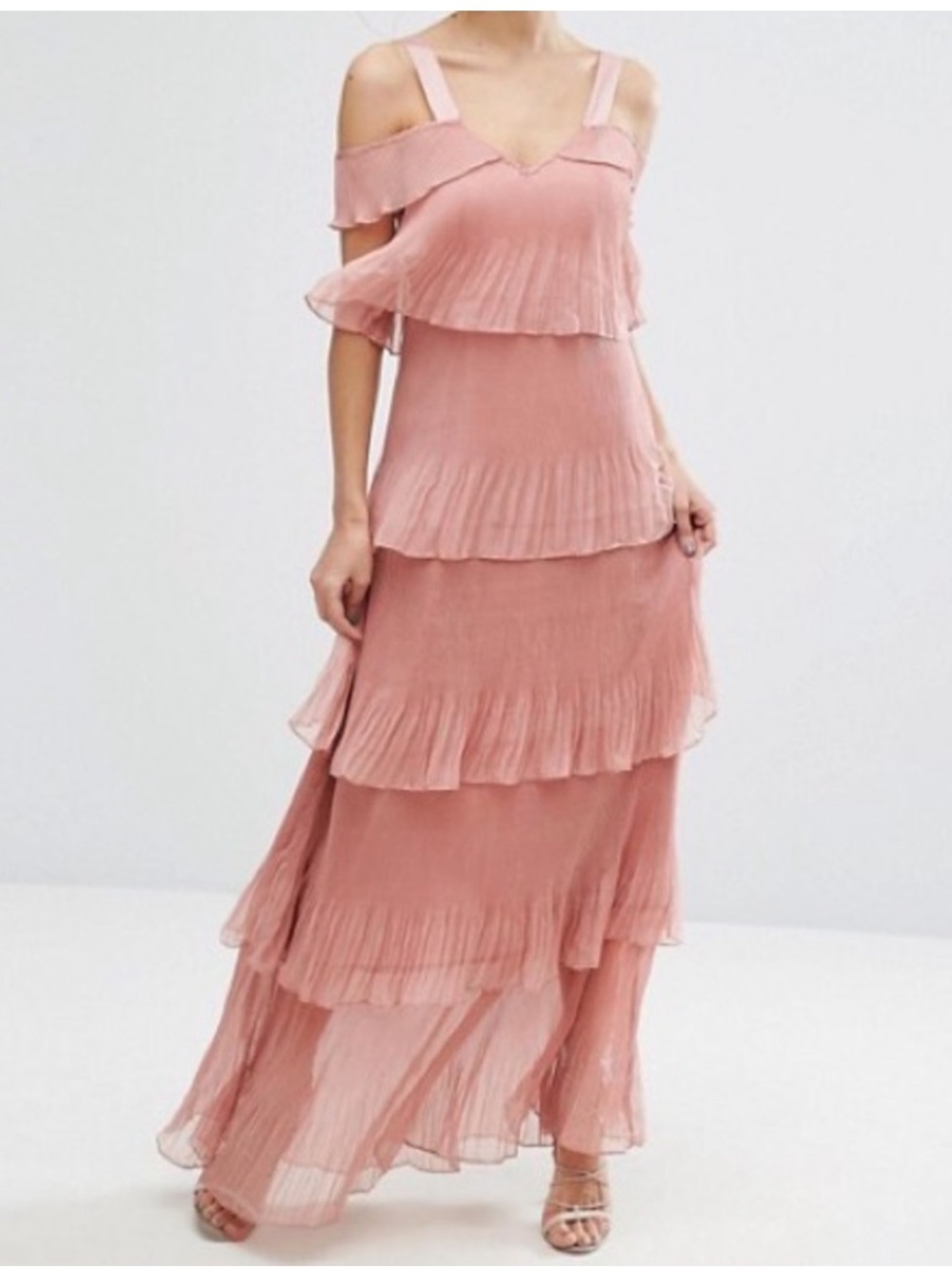 True Decadence Pleated Tiered Cold-Shoulder Maxi Dress in Blush Pink size Medium